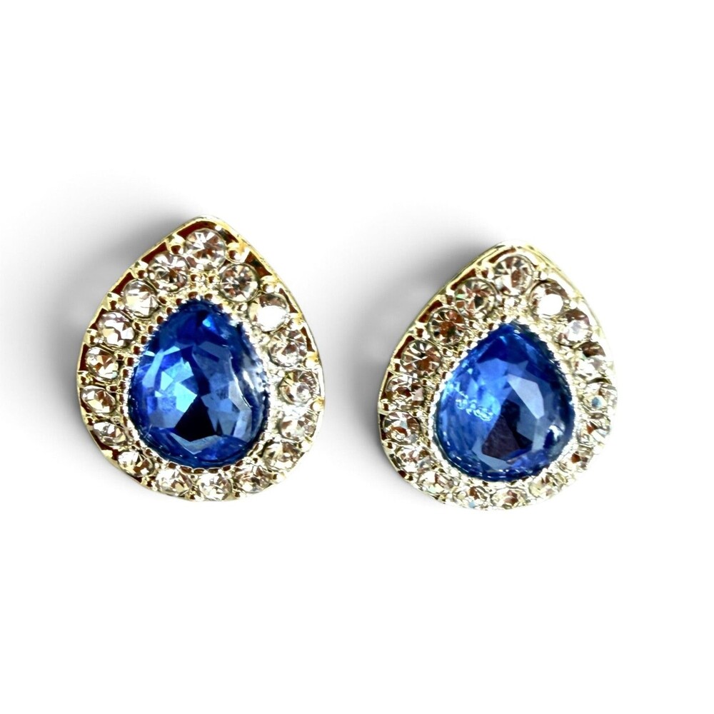 Vintage Monet Gold Tone Blue Crystal Teardrop Rhinestone Halo Stud Earrings DES